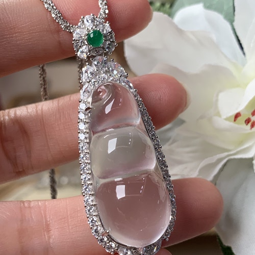 新品纯天然玉石俄冰白冰高冰玻璃种大福豆吊坠项链毛衣链纯银925