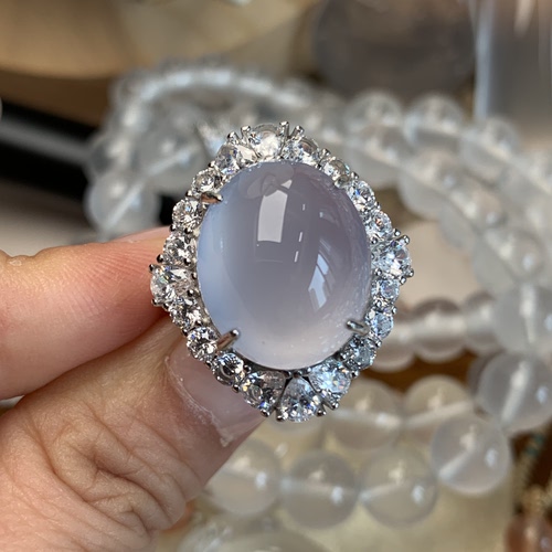 新品纯天然玉石俄冰紫色玉髓高冰玻璃种刚蛋戒指活口戒托纯银925