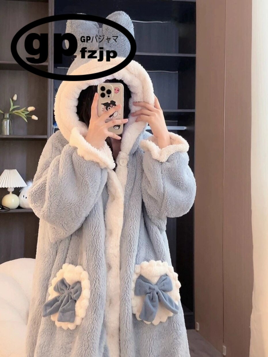 JAPANESE NICHE GP HOODED CORAL VELVET PAJAMAS WINTER WOMENS DRESSING GOWNS AUTUMN AND WINTER NEW THICKENED PLUS SIZE LOUNGEWEAR