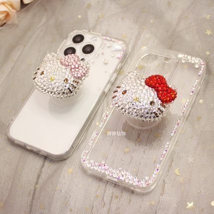 适用iPhone15pro max苹果14plus手机壳HelloKitty凯特猫水钻立体kt手工定制贴钻气囊支架闪钻石透明粉色大红