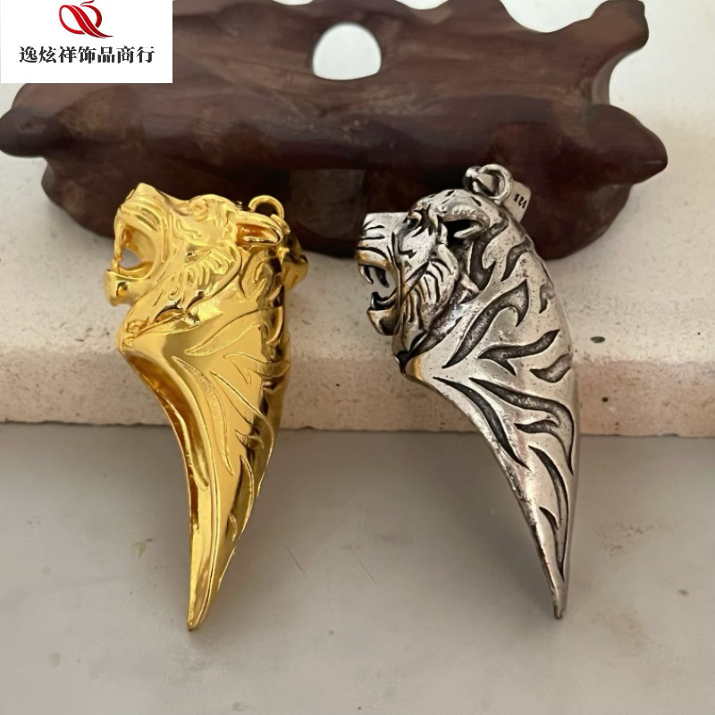 越轩银匠银大号虎头吊坠挂件熊牙套包银镶嵌订制款虎牙套金色虎头