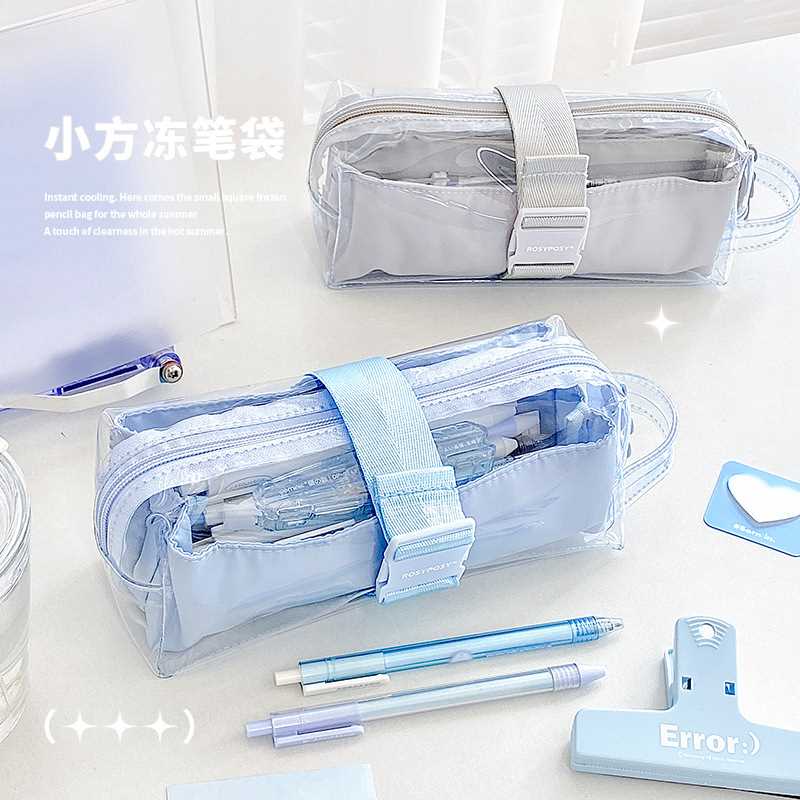 RosyPosy夏日小方冻笔袋 简约清透果冻感大容量收纳袋学生文具袋