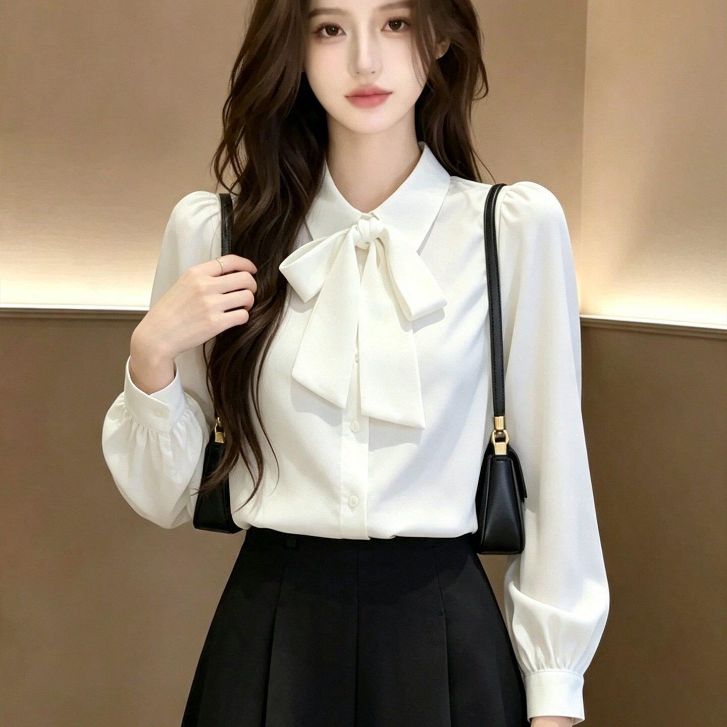 韩系白色蝴蝶结长袖衬衫黑色半身裙套装女通勤教师面试风显瘦气质
