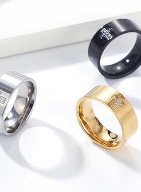 跨境电商钛钢饰品镶钻十字架戒指男士简约个性指环潮人穿搭手饰品