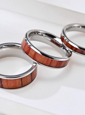 亚马逊468毫米钛钢镶木头木皮戒指男女情侣订婚结婚指环现货