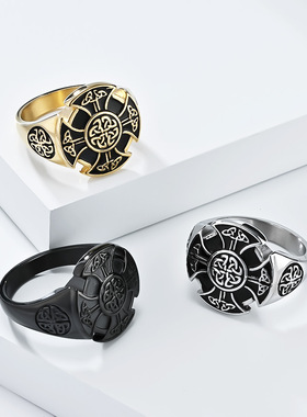 跨境北欧风维京永恒三角结钛钢戒指环复古男士个性手饰品小众配饰