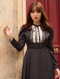 圣诞款獨家娘娘牌HER元 浪漫宫廷风领结波点印花褶边泡泡袖连衣裙