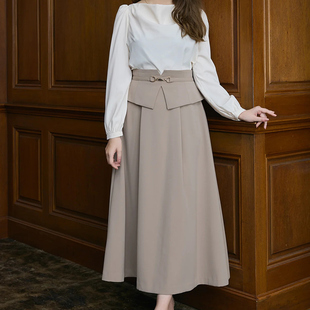 獨家娘娘her元 金属搭扣纯色荷叶边拼接腰部设计高腰喇叭半身裙