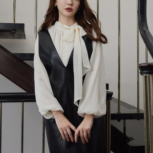 獨家娘娘her元 纯色V领皮质无袖背心连衣裙 百搭气质