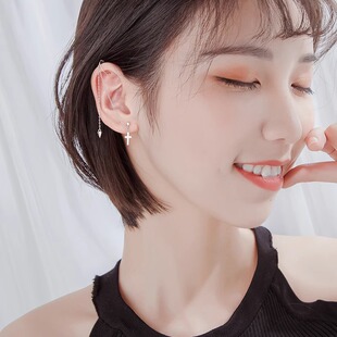 s925纯银十字架耳夹耳钉耳线耳饰小众个性设计感高级轻奢单只流苏