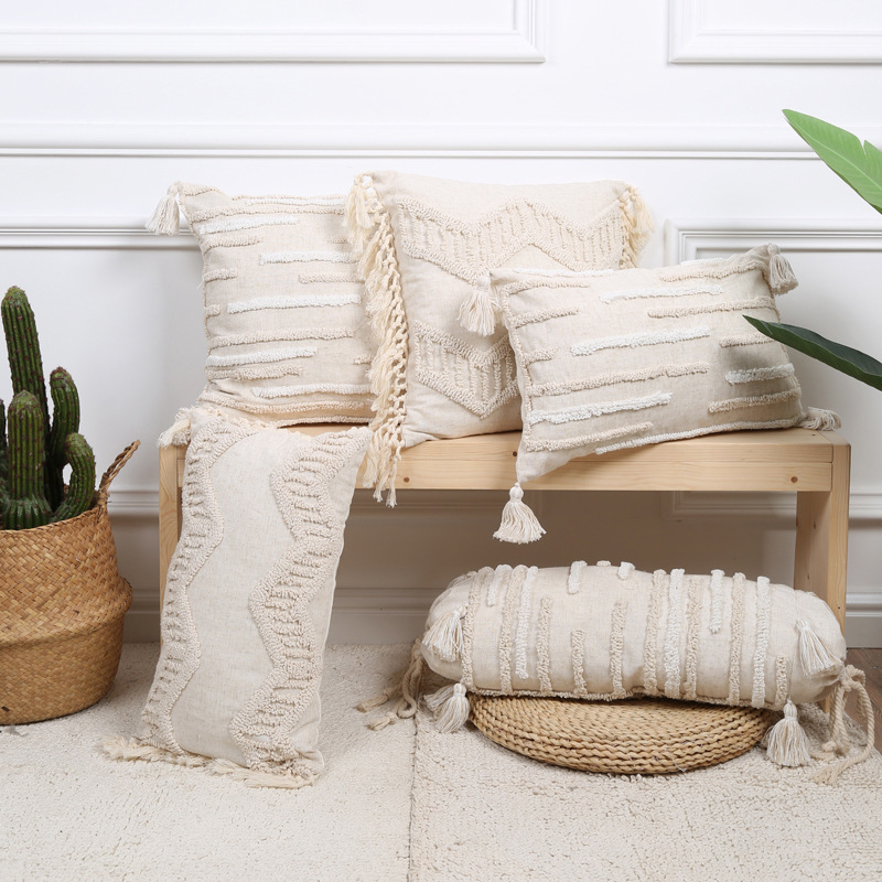 北欧ins抱枕簇绒立体流苏摩洛哥民宿几何简约靠沙发装饰麻枕套