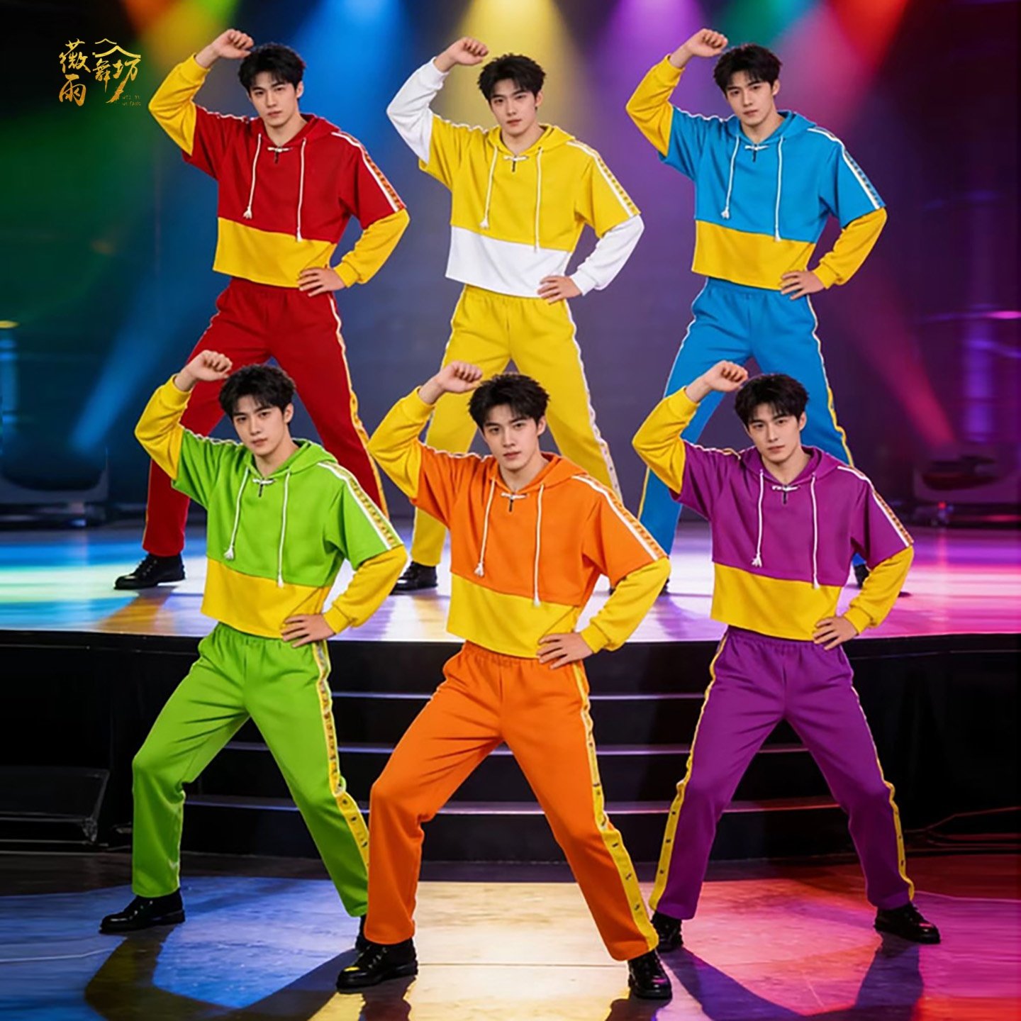 出租新款现代成人男女团拼色演出服彩色连帽装啦啦操爵士舞表演服,女装/女士精品,民族服装/舞台装,淘宝优惠券,粉丝福利购,淘宝优惠卷