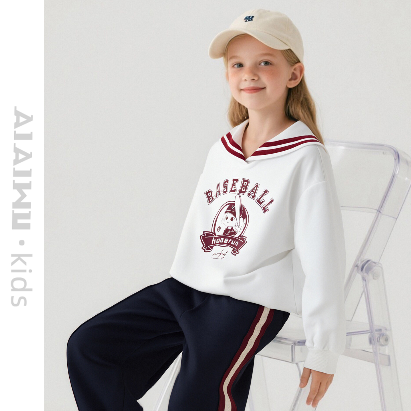 艾艾屋女童上衣2025春秋新品中大童休闲宽松海军领卫衣T恤KOAD07