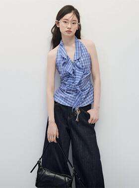复古蓝色格纹v领挂脖背心女夏季外穿荷叶边设计无袖露背辣妹上衣