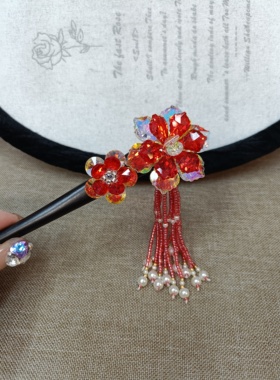 水晶花朵发簪女高级感大号后脑勺盘发发饰头饰红色花朵流苏发簪