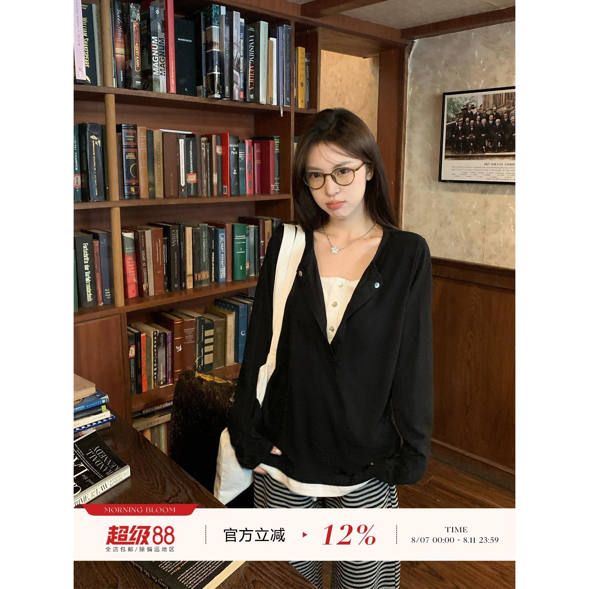 morning bloom黑色假两件设计宽松长袖T恤女秋季2025新款休闲上衣