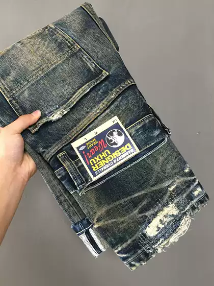 Heavyweight Vintage Pure Cotton Hard Denim Jeans for Men, High Street Ripped Patchwork Non-Stretch Trendy High-End Loose Straight-Leg Trousers