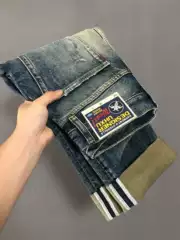 Heavyweight Pure Cotton Jeans with Ripped Patches, Trendy Loose Straight-Leg Vintage Washed Brand-Name Non-Stretch Hard Denim Long Pants
