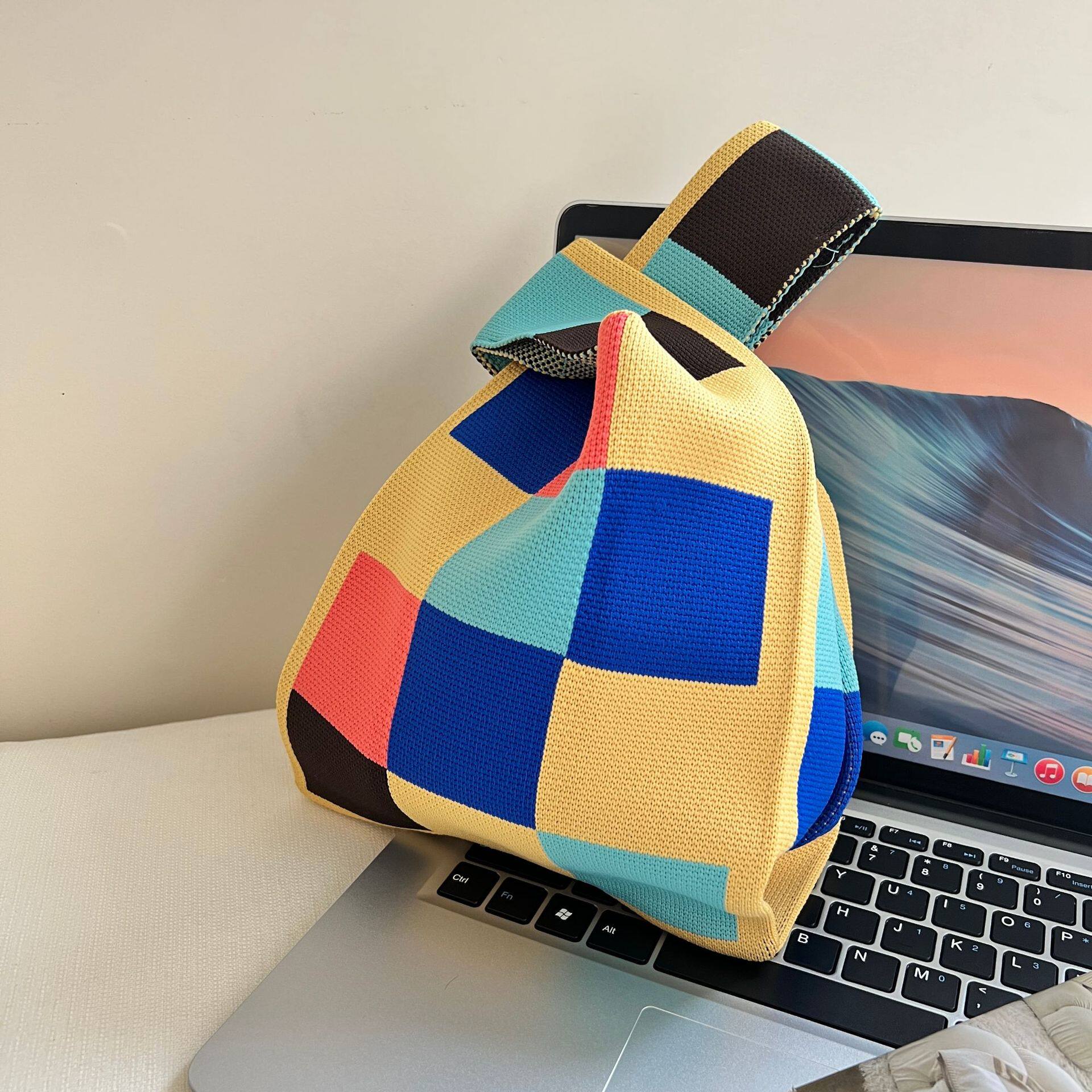 韩版小众设计针织棋盘格包包女高级感出街休闲手提包托特手拎包包