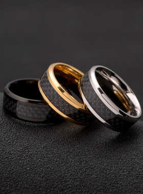 欧美饰品不锈钢男士黑碳纤维戒指8mm内弧凹槽滴胶手饰外贸