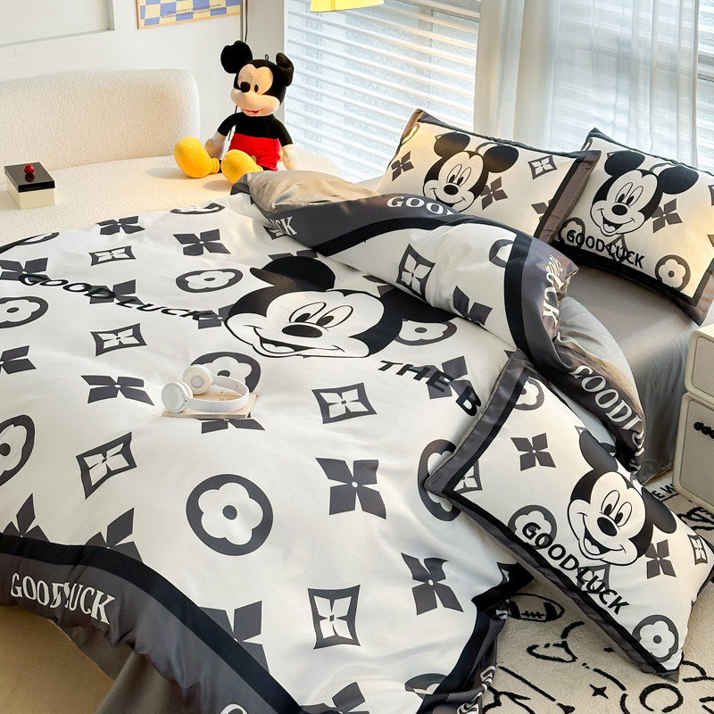 迪士尼卡通米奇水洗真丝四件套裸睡天丝空调被罩双面冰丝被套春夏