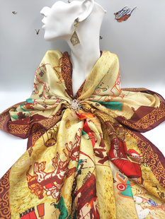 敦煌壁画真丝长围巾 丝绸之路地图旅游甘肃陕西青海新疆卷边披肩