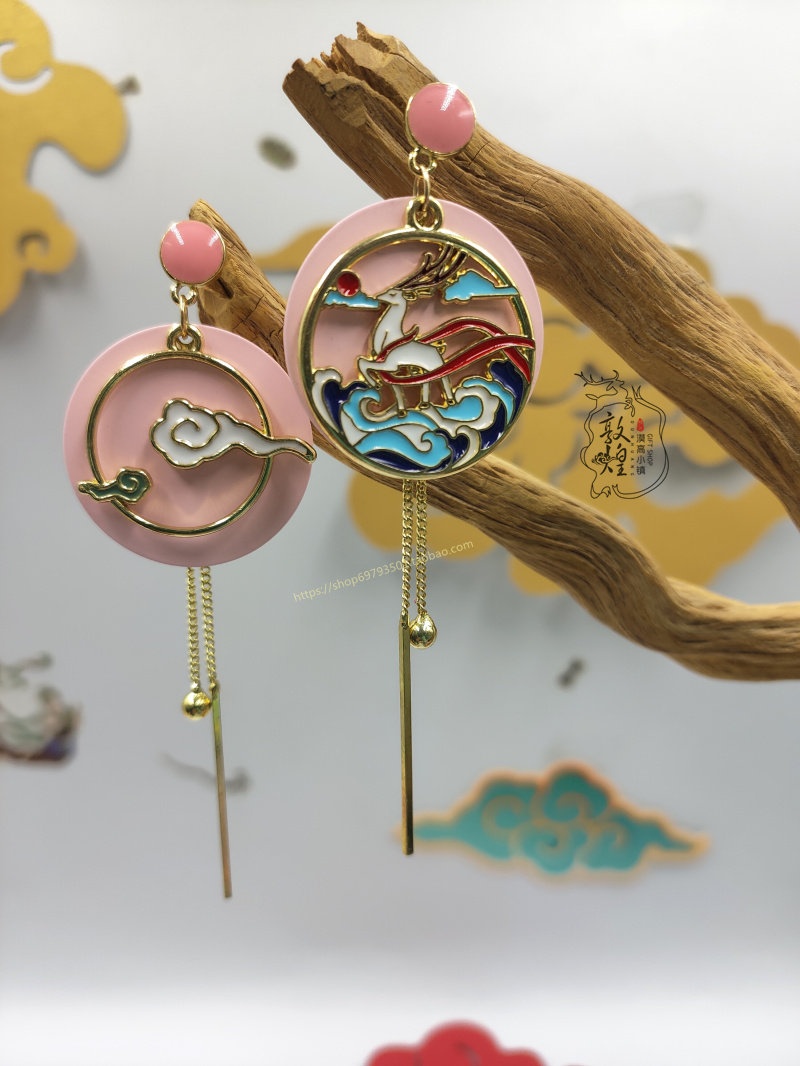 原创diy敦煌九色鹿祥云国潮流苏耳饰925银针显瘦古风配饰学生耳坠