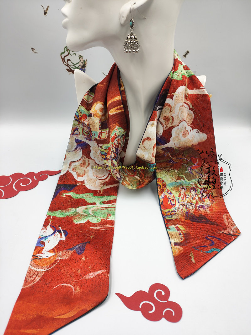 敦煌元素丝巾九色鹿飞天壁画原图时尚绑包飘带发带丝带腰带领巾