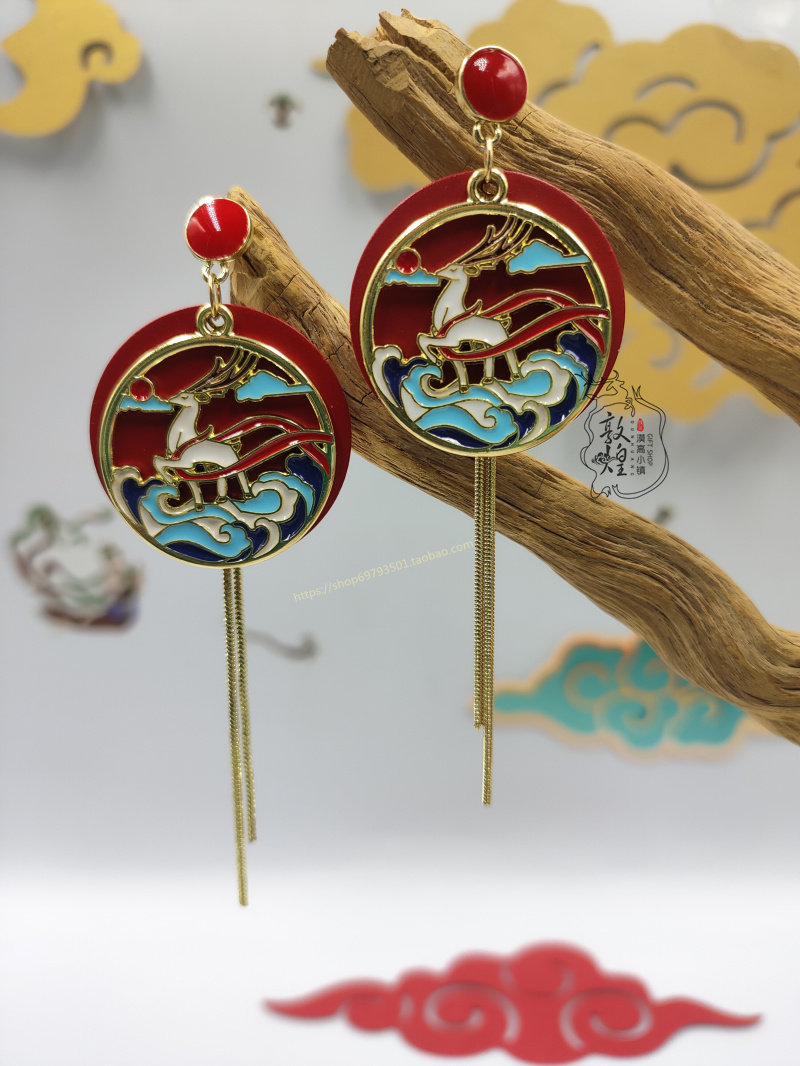 原创diy敦煌九色鹿祥云国潮流苏耳饰925银针显瘦古风配饰学生耳坠