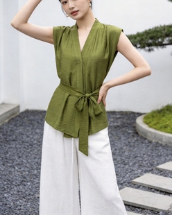 2026夏季新款时尚通勤简约风系带收腰显瘦无袖上衣阔腿裤两件套女