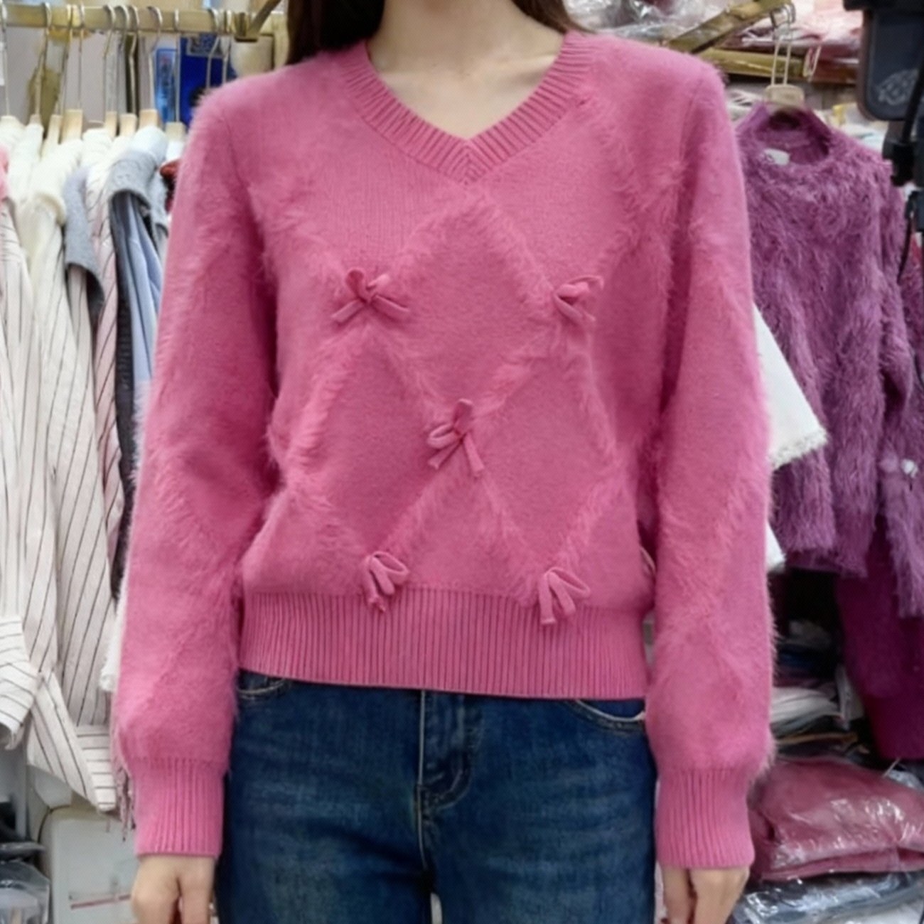 秋冬软糯水貂毛V领毛衣女小个子甜美蝴蝶结玫红色短款针织衫