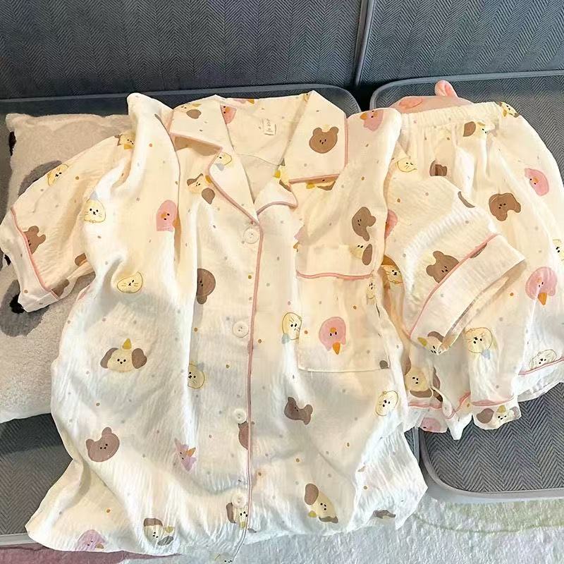 纯棉纱布睡衣女夏季新款女士短袖短裤可爱卡通小狗薄款家居服套装
