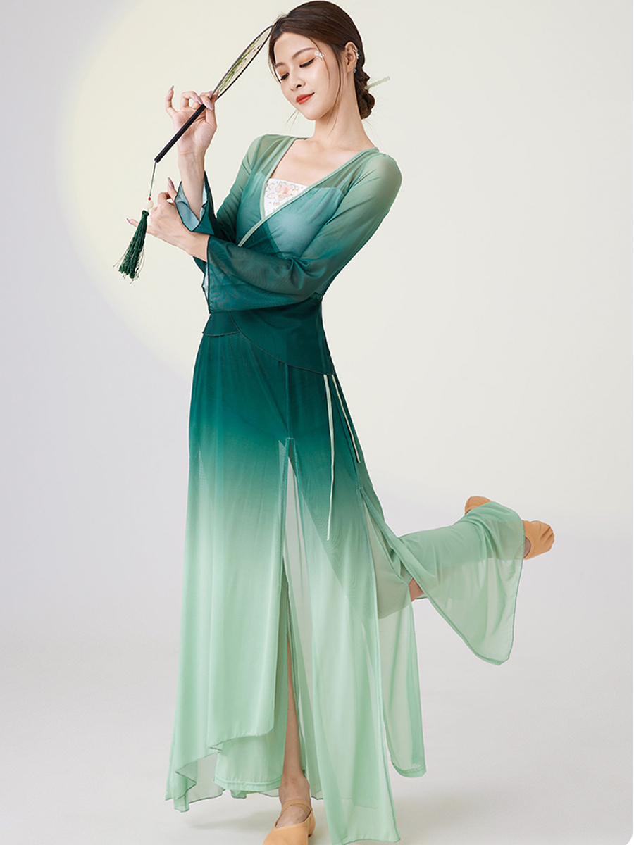 古典舞服装女飘逸舞蹈服渐变色身韵练功服现代舞纱衣上衣演出服装