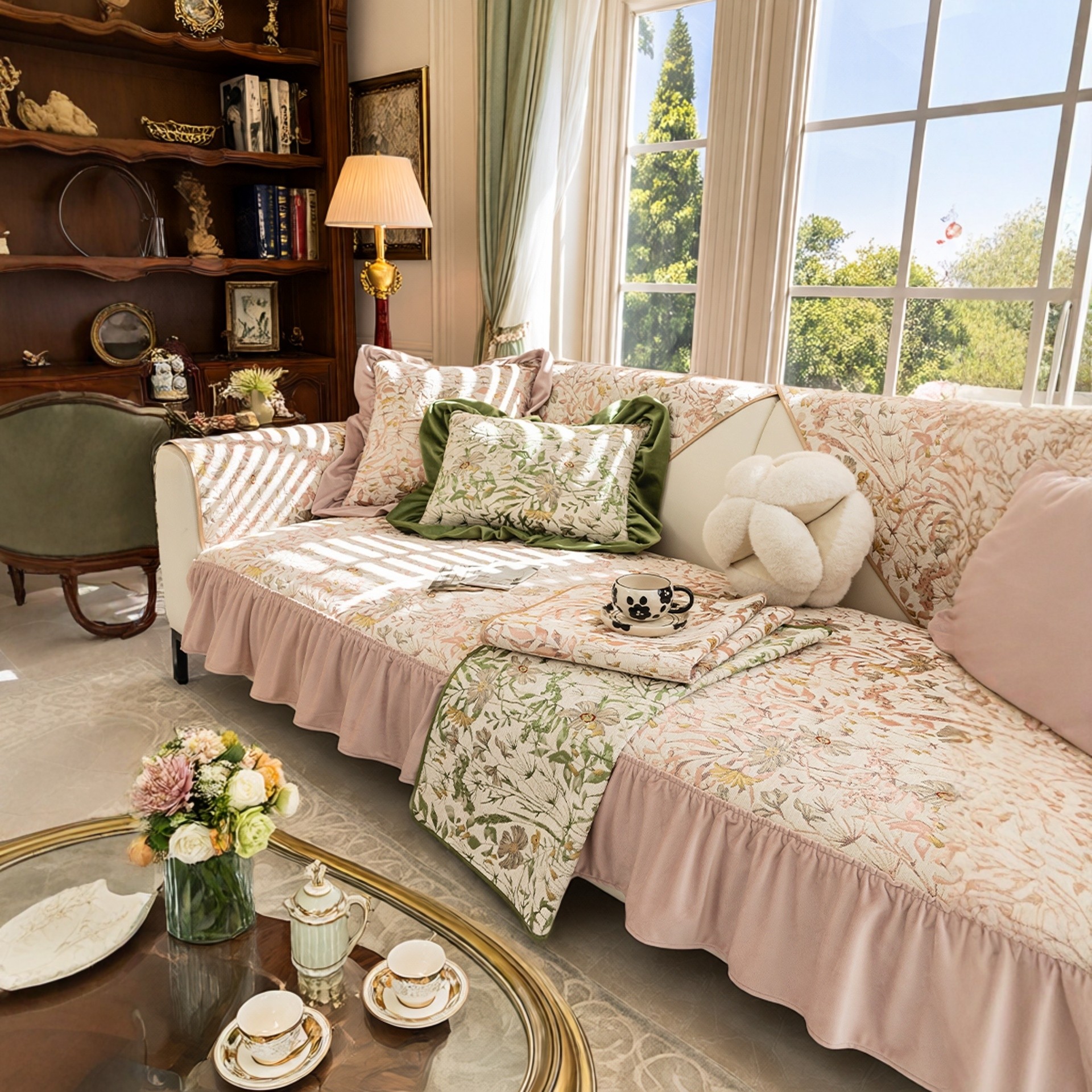 2026新款法式复古风高档欧式沙发垫盖布裙粉色四季通用防滑套罩,居家布艺,沙发垫,淘宝优惠券,粉丝福利购,淘宝优惠卷