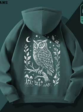 纯棉连帽卫衣2025新款复古文艺猫头鹰Owl印花男女宽松外套厚款潮