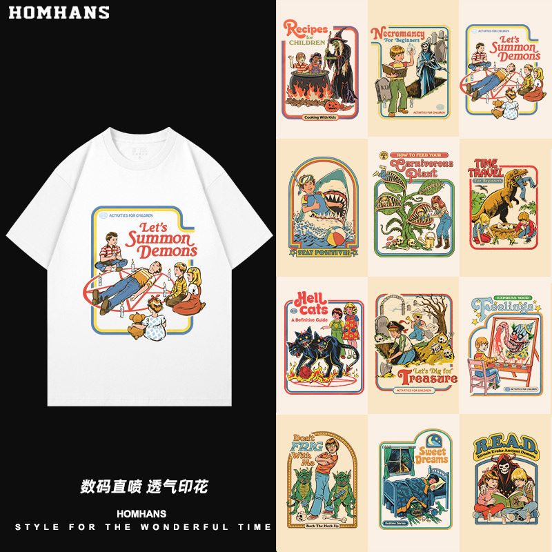 恶搞趣味复古欧美暗黑风儿童插画印花短袖纯棉宽松透气印花T恤潮
