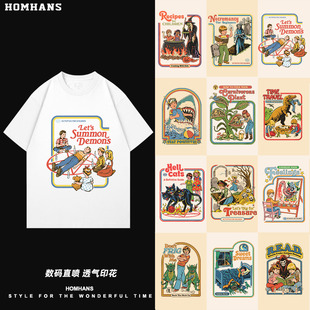 恶搞趣味复古欧美暗黑风儿童插画印花短袖纯棉宽松透气印花T恤潮