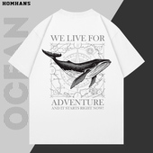 座头鲸海洋动物潮流百搭设计感春夏短袖 重磅纯棉T恤百搭街风上衣