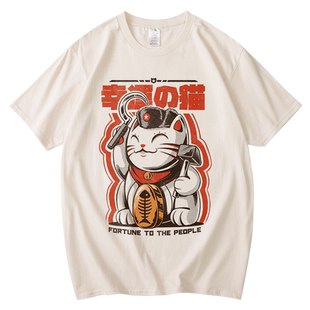 红韩日系复古怀旧风男女纯棉夏装短袖宽松日本浮世绘透气吸汗体恤