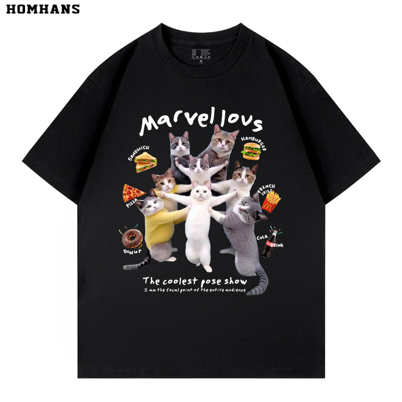 搞笑趣味惊奇猫咪印花短袖T恤重磅纯棉个性设计感新款男女同款夏