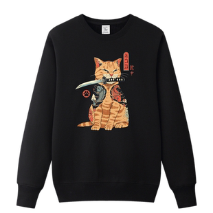 红韩日系插画浮世绘创意猫纯棉厚款加绒卫衣无帽男女上衣外套宽松