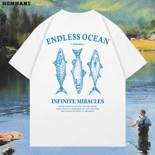 钓鱼趣味户外休闲国潮短袖T恤纯棉透气吸汗男女同款百搭印染印花