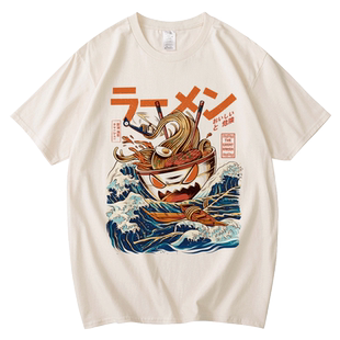 红韩日系复古神奈川海浪创意短袖纯棉T恤宽松男女情侣大码体恤潮