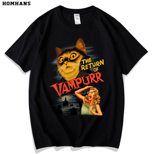 美式趣味印花恐怖惊悚德古拉猫咪个性短袖精梳纯棉潮流夏男女同款