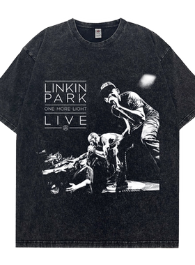 LINKIN PARK水洗做旧短袖T恤男女通款美式嘻哈摇滚乐队印花纯棉