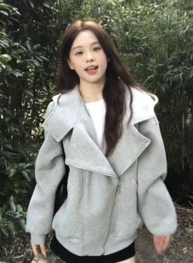 秋冬休闲百搭开衫上衣美式复古新款连帽卫衣外套加绒宽松慵懒风女