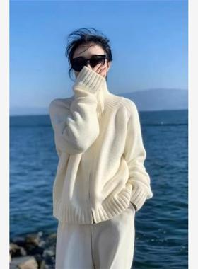 韩版慵懒洋气翻领简约通勤毛衣秋冬新款软糯气质双拉链针织衫ins