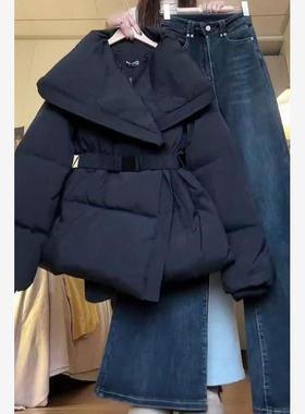 韩系慵懒风翻领棉衣套装女秋冬夹棉加厚保暖棉袄高腰阔腿牛仔长裤