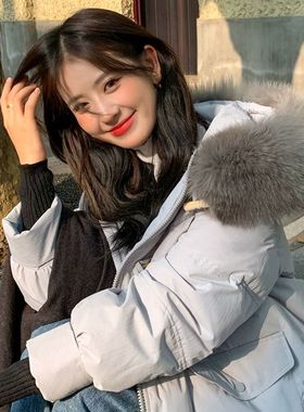 平湖羽绒服女中长款韩版宽松加厚白鸭绒小个子大毛领狐狸毛设计感