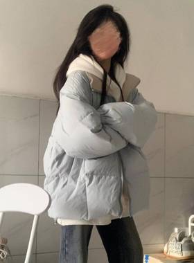 学院风简约甜美浅蓝色白鸭绒外套女ins冬新款保暖防寒复古羽绒服